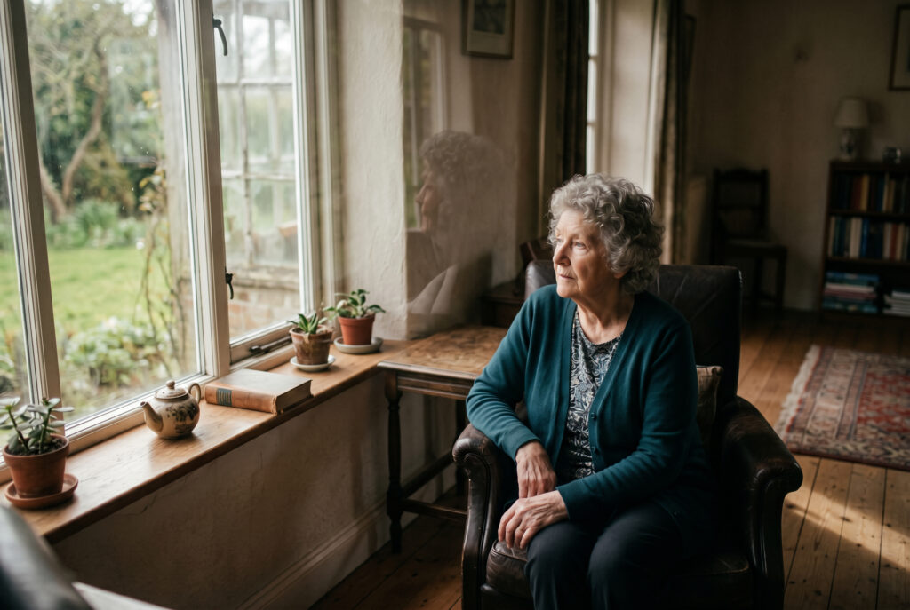 Elderly woman looking out window